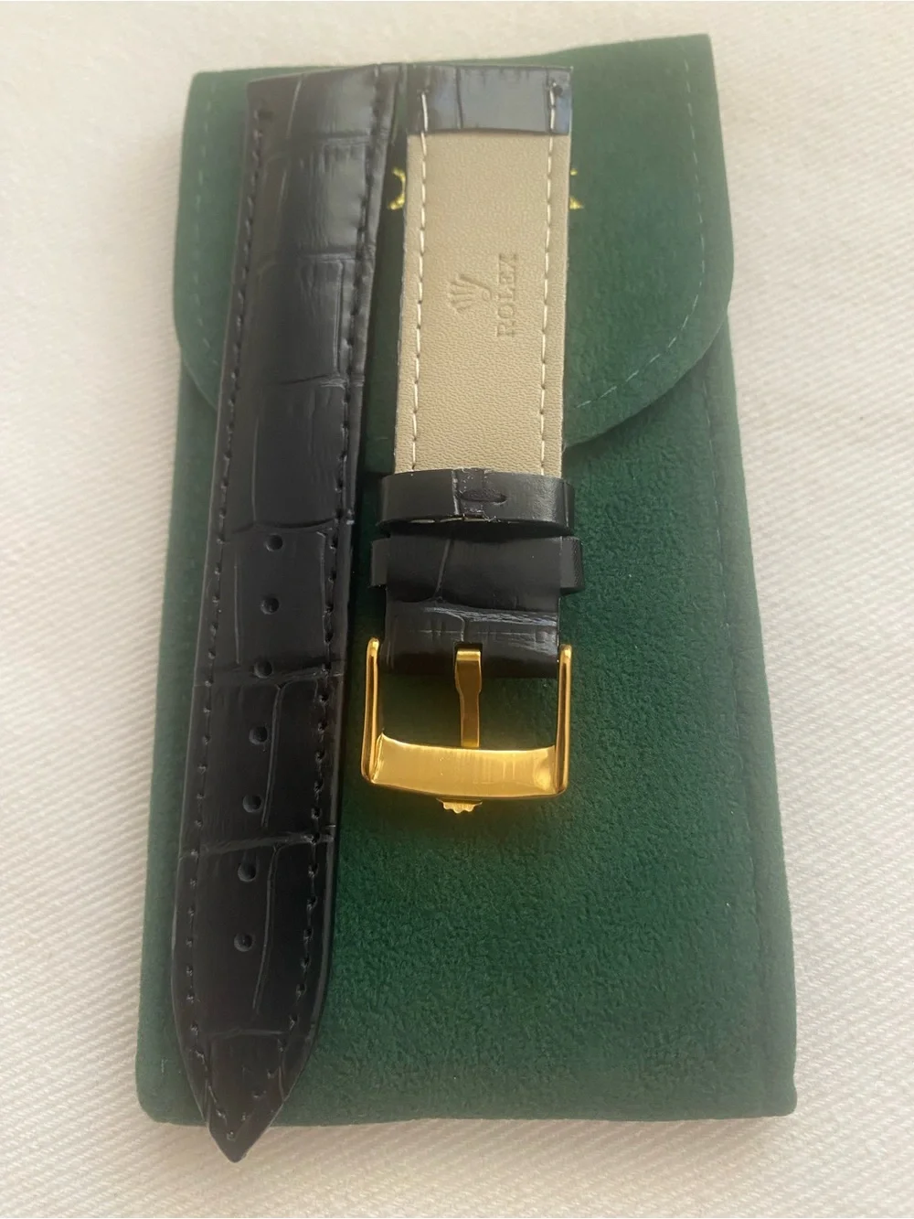 Black Leather Watch Strap with Gold Rolex plate Buckle 20mm